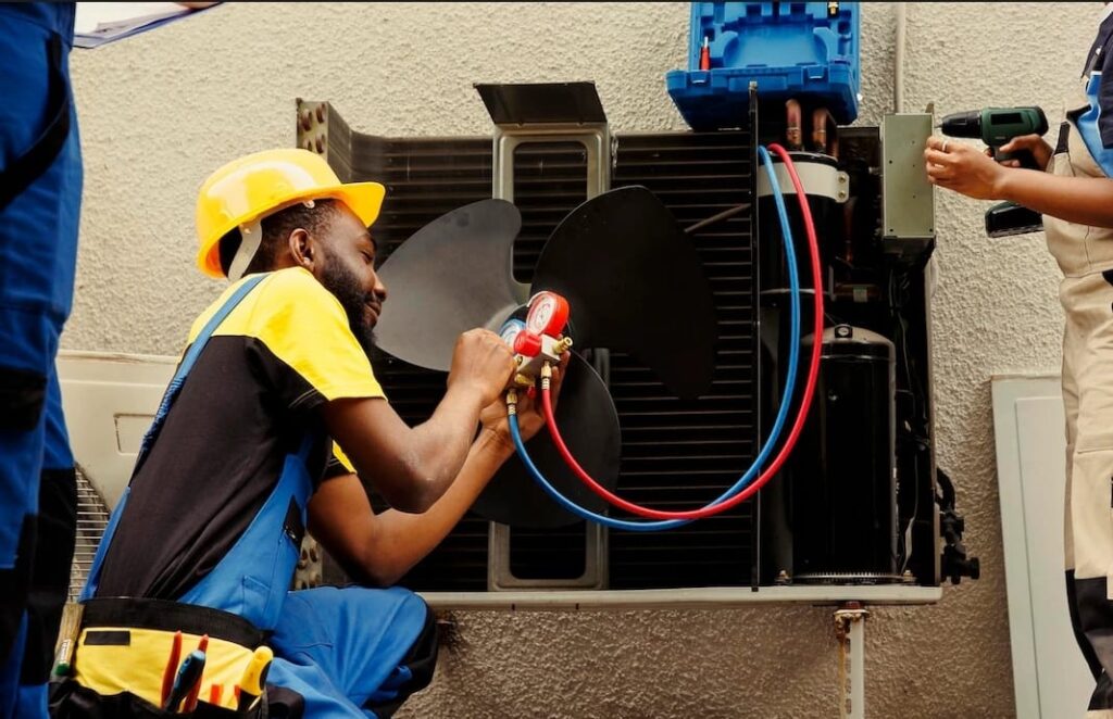 HVAC technicians working on an Aircon Unit
