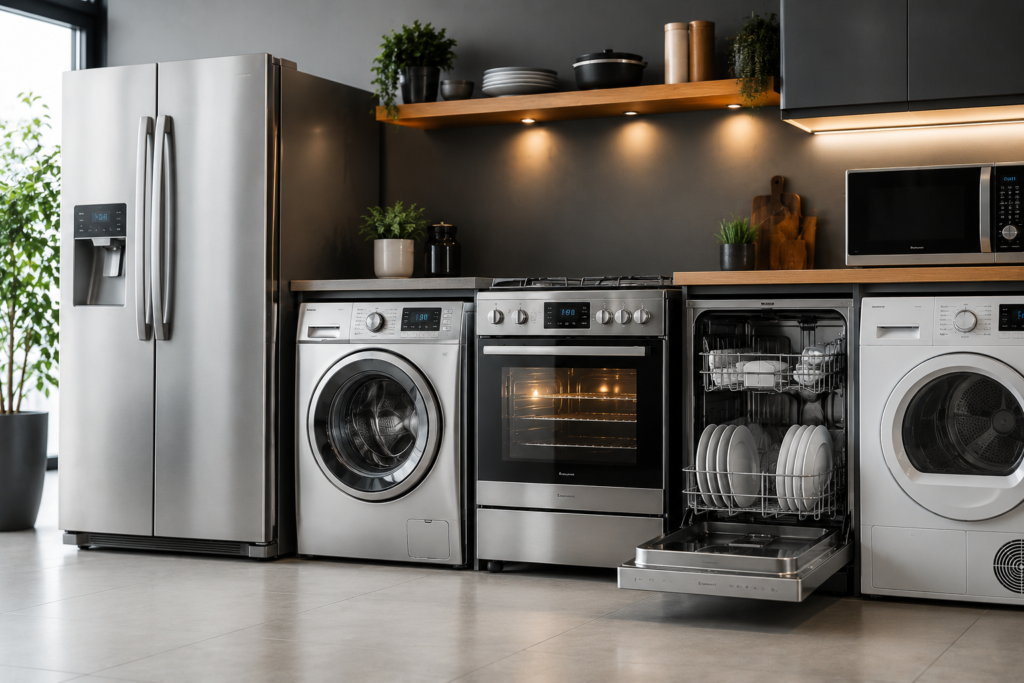Modern kitchen showroom with sleek appliances